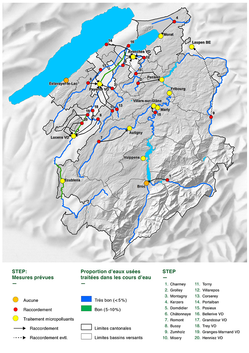 Situation en 2040 illustrant les mesures prévues pour les STEP (raccordements, traitement des micropolluants), ainsi que la proportion d’eaux usées non épurées des composés traces organiques dans les cours d’eaux récepteurs des STEP (modèle) Situation en 2040 illustrant les mesures prévues pour les STEP (raccordements, traitement des micropolluants), ainsi que la proportion d’eaux usées non épurées des composés traces organiques dans les cours d’eaux récepteurs des STEP (modèle)