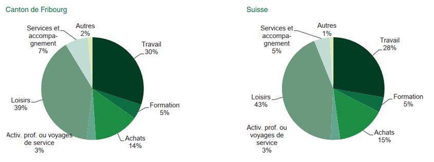 Distance journalière parcourue en fonction du motif de déplacement (en %) Distance journalière parcourue en fonction du motif de déplacement (en %)